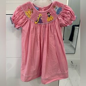 Anavini Hand Smocked Pink Gingham Dress with Princesses